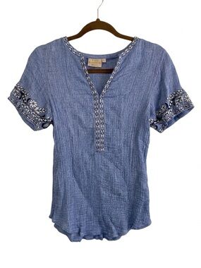 Rungolee Blue Crinkle Cotton Gauze Embroidered Boho Split Neck Top Small